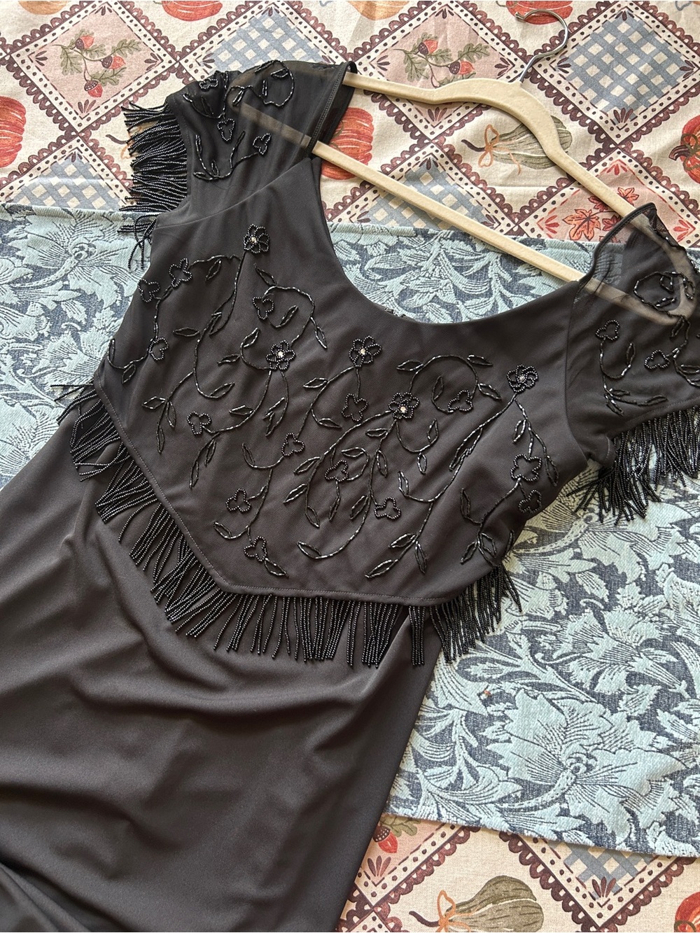 Vintage Y2K Black Fitted Long Dress With Floral and Fringe Beading